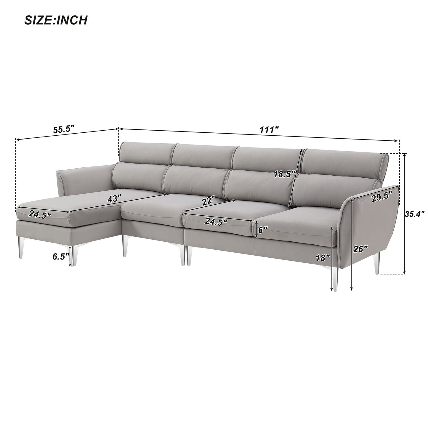 Convertible L-Shape Sectional Sofa with Chaise and Flannel Upholstery