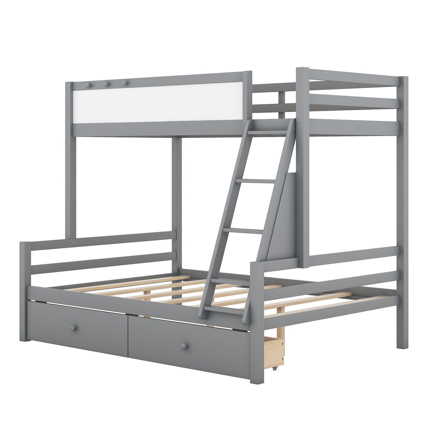 Grey Wood Twin over Full Bunk Bed with Whiteboard, 3 Hooks, and 2 Drawers - Innovative Storage Solution Twin over Full Bunk Bed