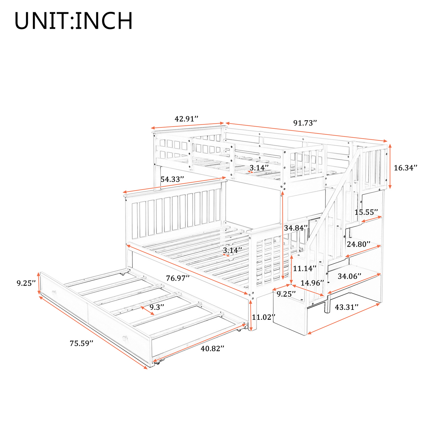 Stairway Bunk Bed with Storage, Trundle, and Guard Rail in Espresso Finish for Adults