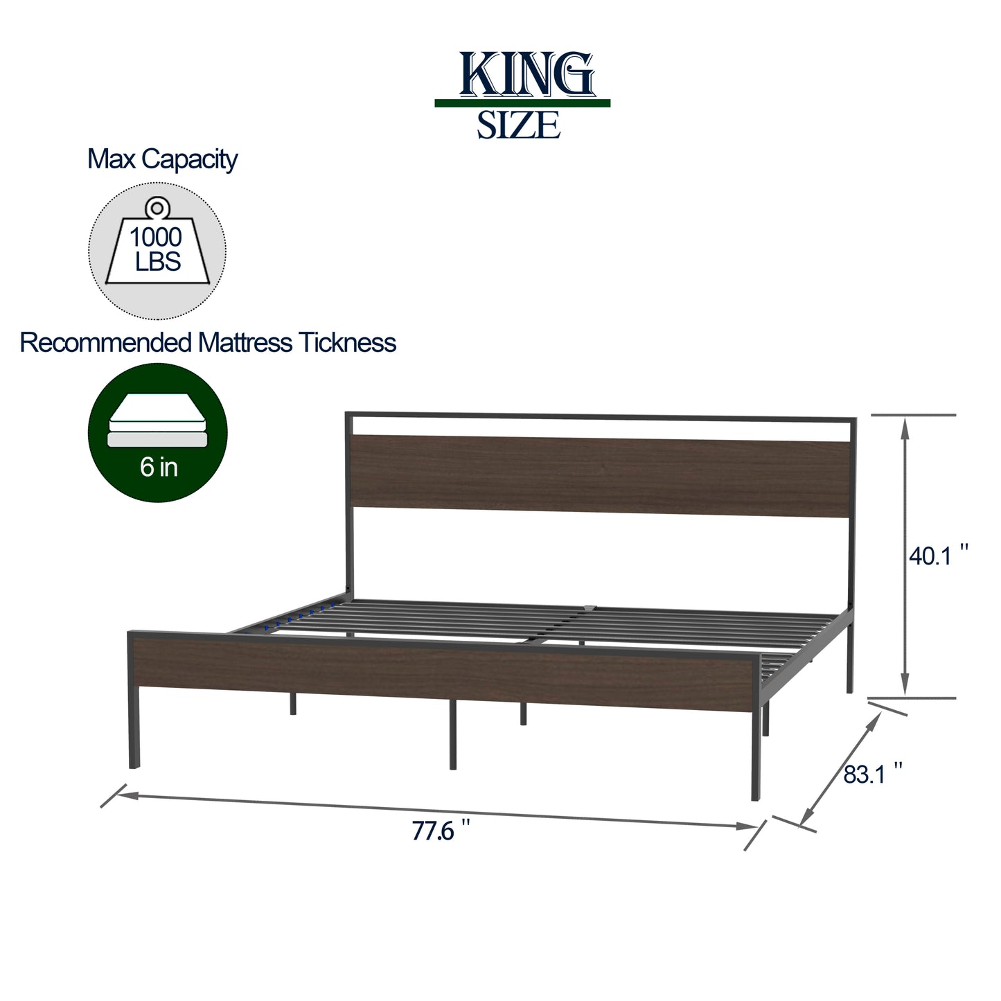 Ceres Metal Bed, Black with Walnut wood Headboard&Footboard, King