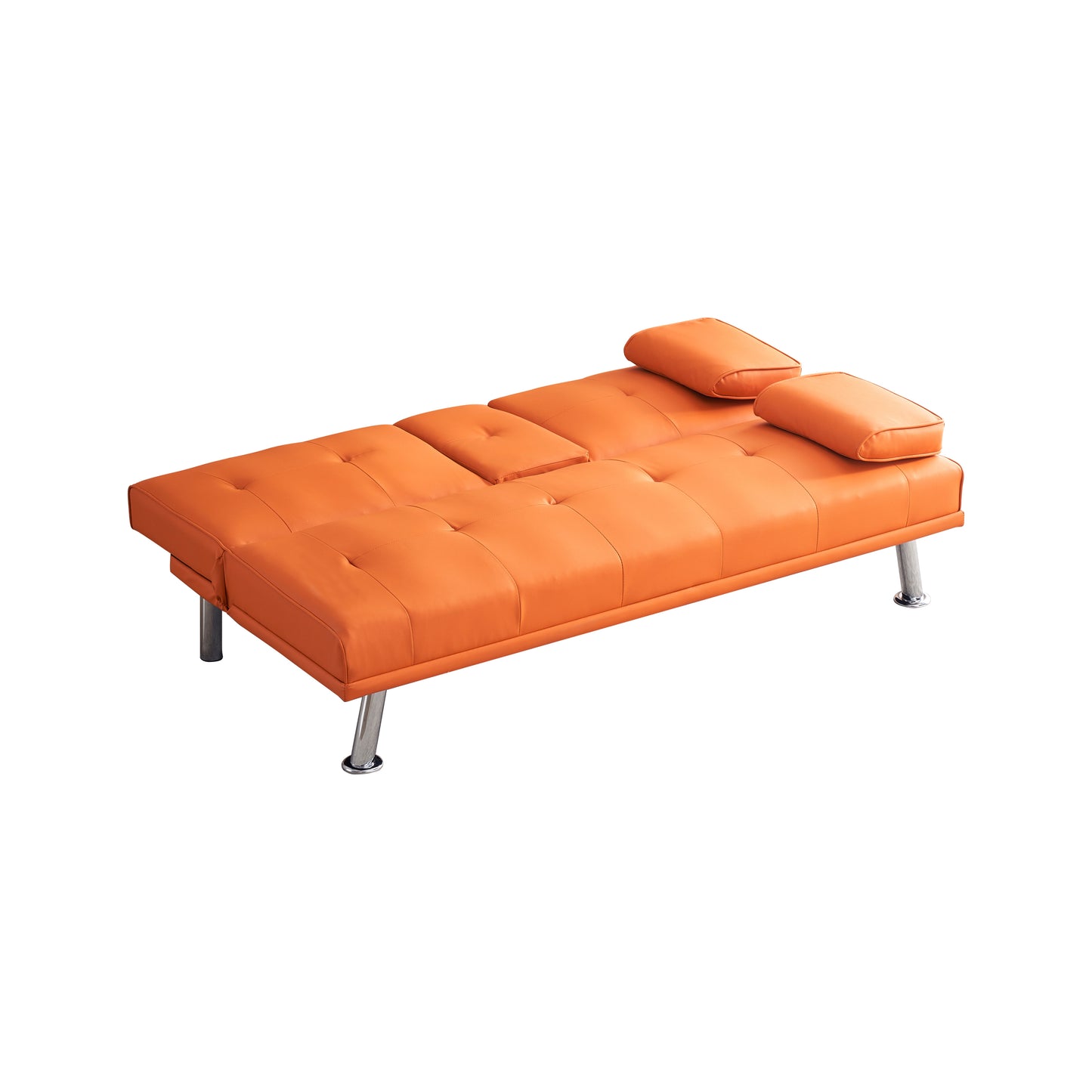 67 Orange Leather Multifunctional Double Folding Sofa Bed with Built-In Coffee Table