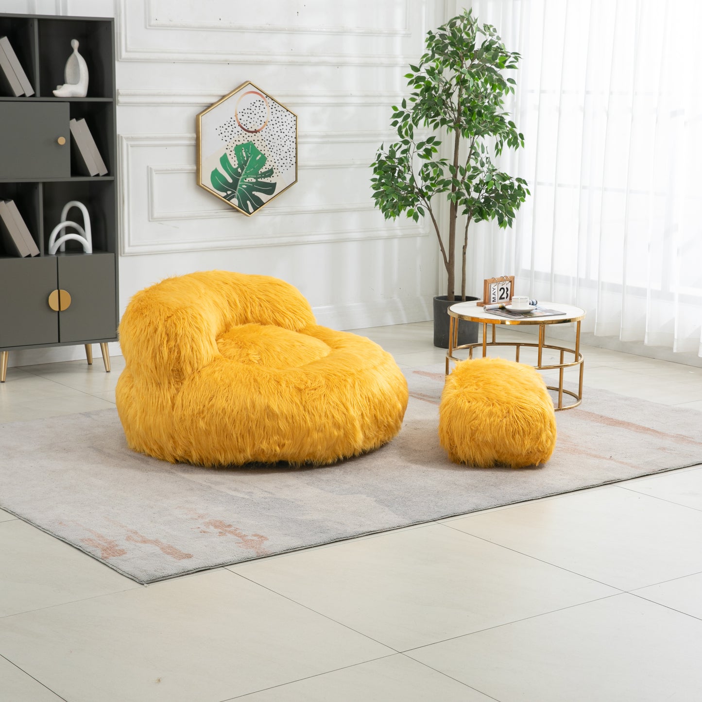 Bean Bag Chair with Faux Fur Lazy Sofa and Footstool for Comfortable Indoor and Outdoor Use