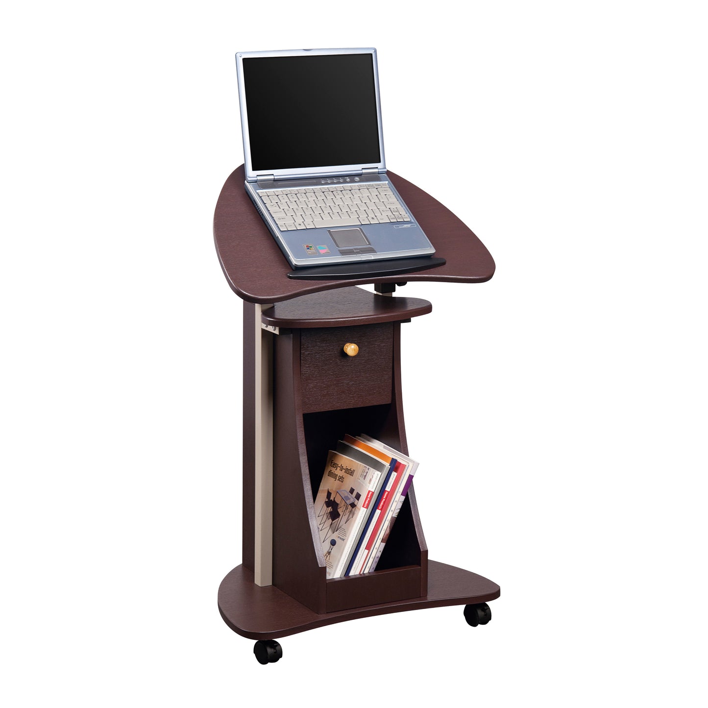 Sit-to-Stand Laptop Cart with Adjustable Height and Storage in Chocolate Finish