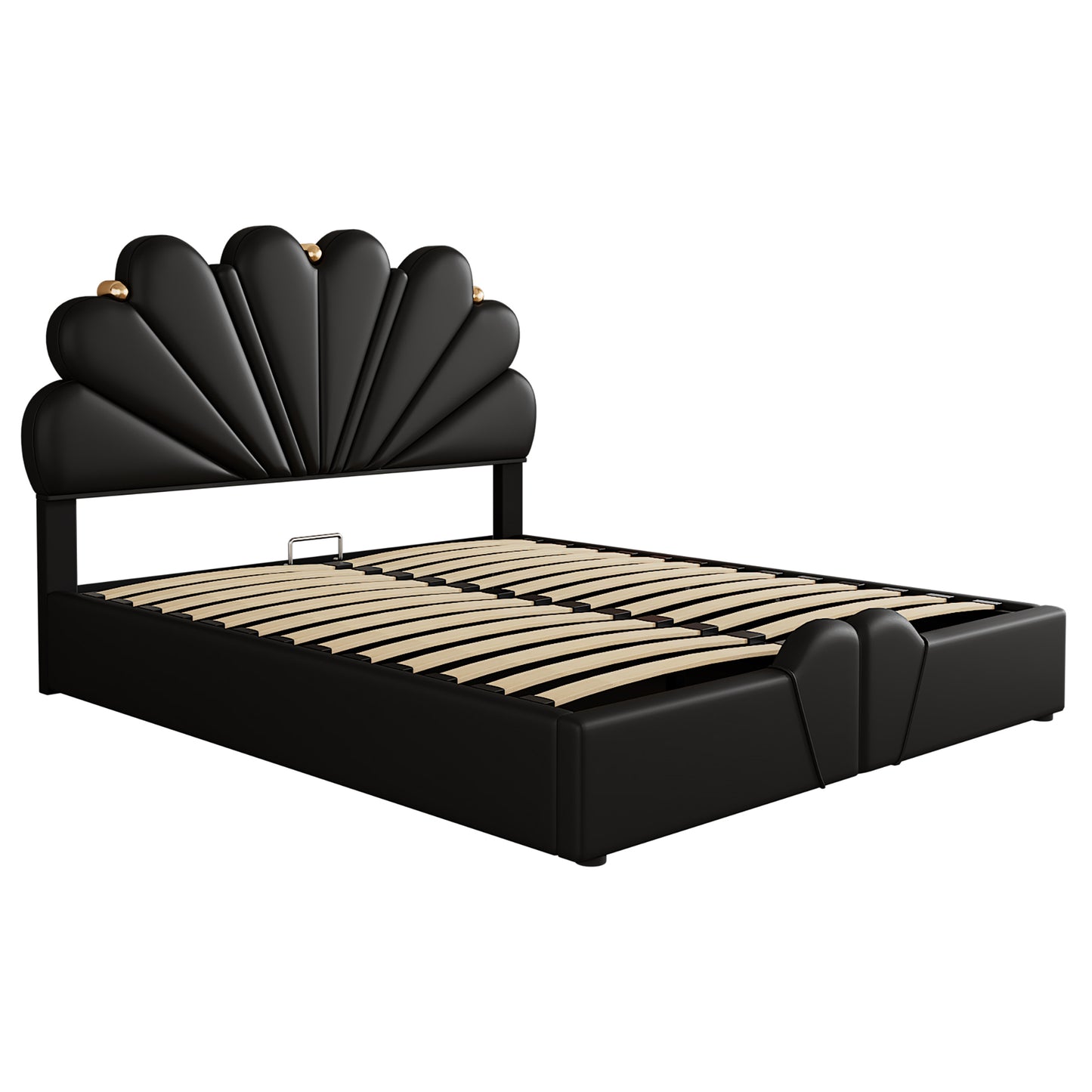 Queen Size Upholstered  Petal Shaped Platform Bed  with Hydraulic Storage System, PU Storage Bed, Decorated with metal balls, Black