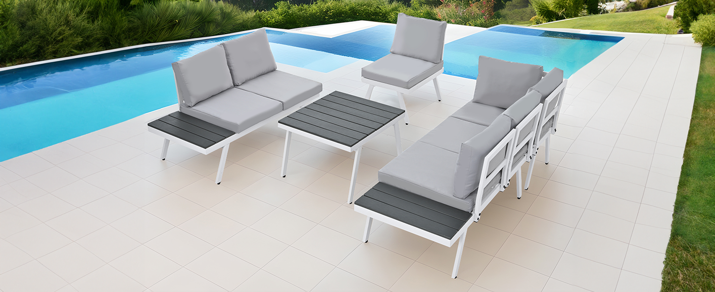 Aluminum Outdoor Patio Furniture Set with End Tables and Coffee Table, White and Grey Sectional Sofa Set