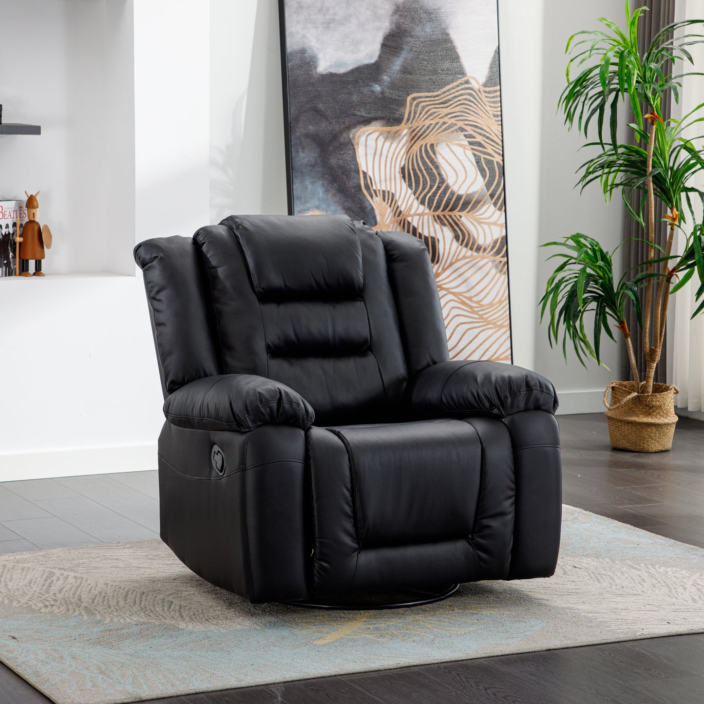 Swiveling Rocker Recliner Chair with Leather Upholstery, Black