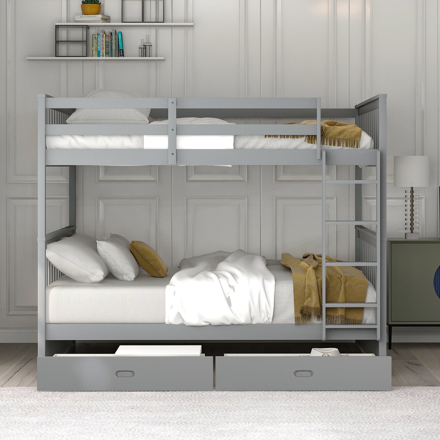 Gray Full-Over-Full Bunk Bed with Storage Drawers and Ladders