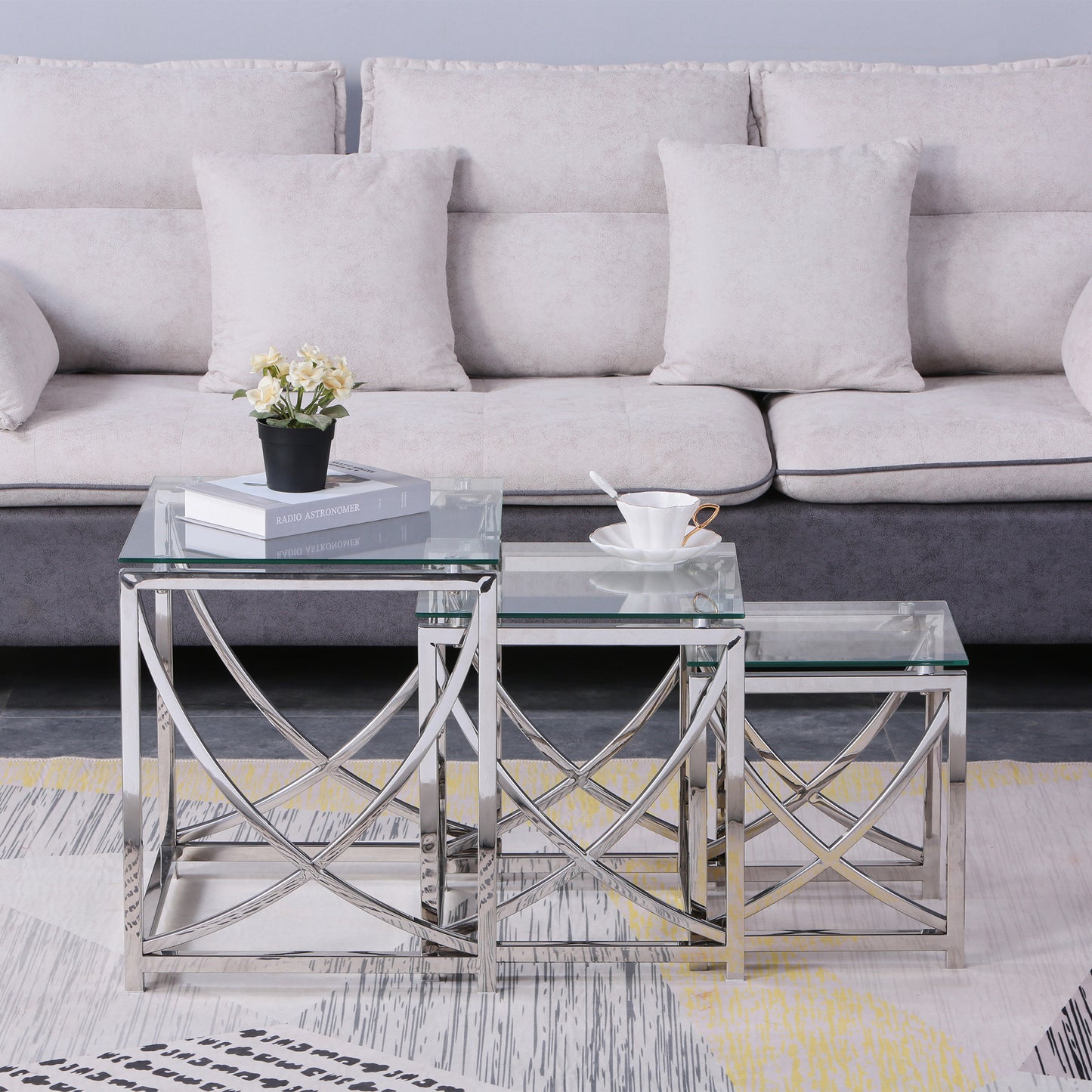 Contemporary Stainless Steel Glass Nesting Coffee Tables Set with Minimalist Curved Design