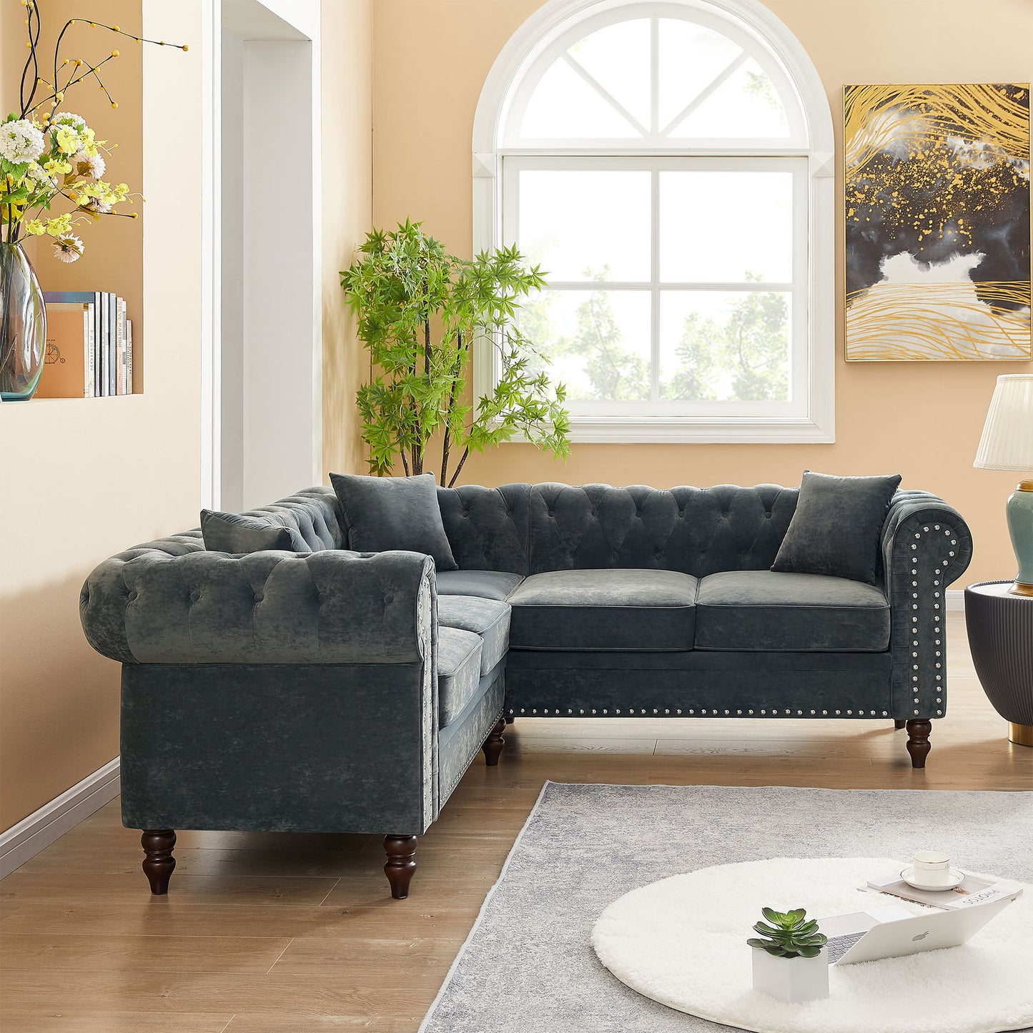 MH 80 Deep Button Tufted Upholstered Grey Velvet L-shaped Sofa with 3 Pillows and Solid Wood Gourd Legs