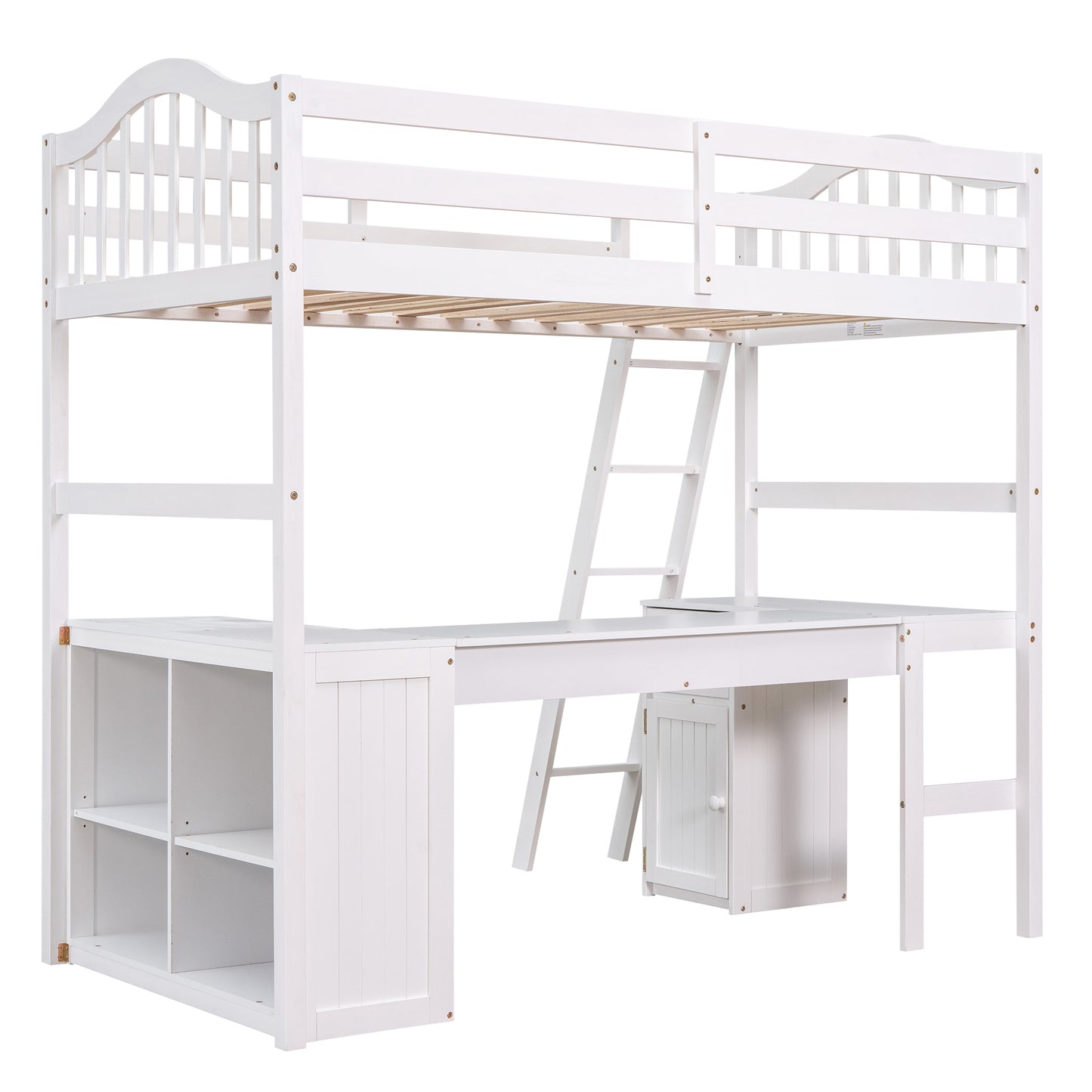 Twin size Loft Bed with Drawers, Cabinet, Shelves and Desk, Wooden Loft Bed with Desk - White( :LT000505AAK)