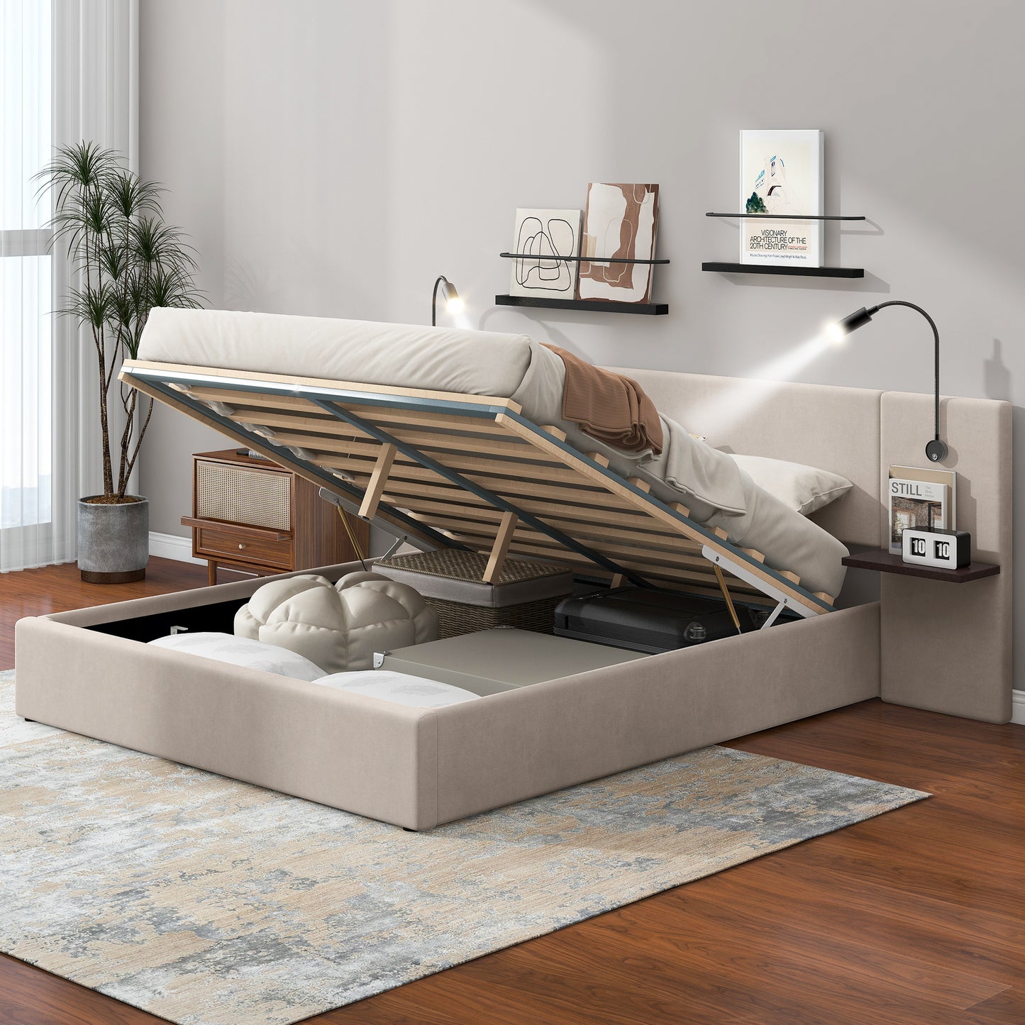 Full Size Storage Upholstered Hydraulic Platform Bed with 2 Shelves, 2 Lights and USB, Beige