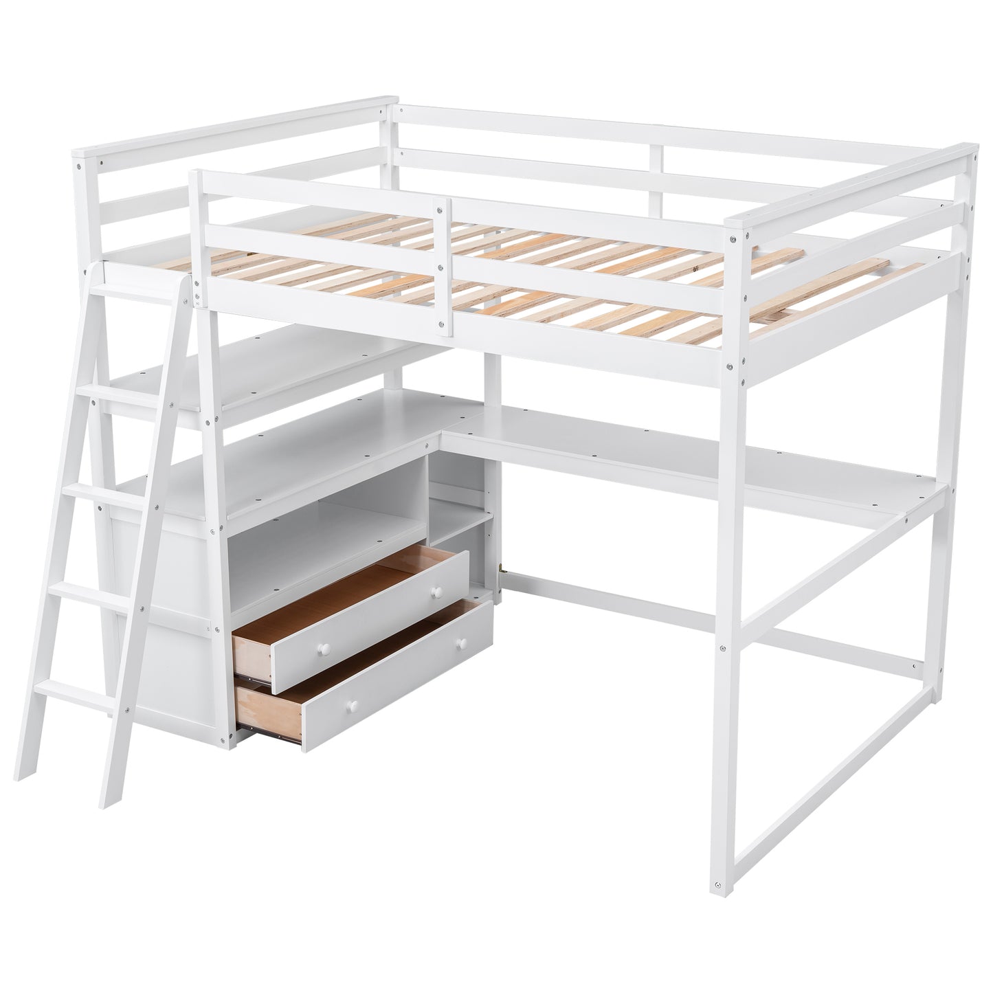 Full Size Loft Bed with Desk and Shelves,Two Built-in Drawers,White(: SM000416AAK)