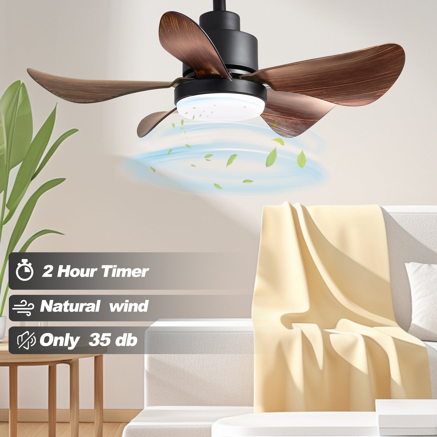 28 Inch Ceiling Fan with Lights Remote Control - Modern Black Walnut Design