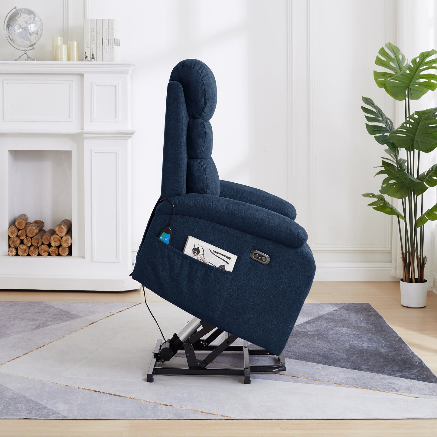 Electric Power Lift Recliner Chair Sofa with Heating, Massage, and USB Port in Soft Blue Fabric