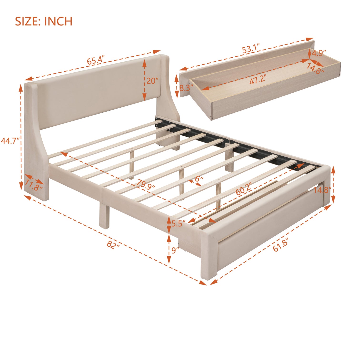 Queen Size Storage Bed Velvet Upholstered Platform Bed with a Big Drawer - Beige