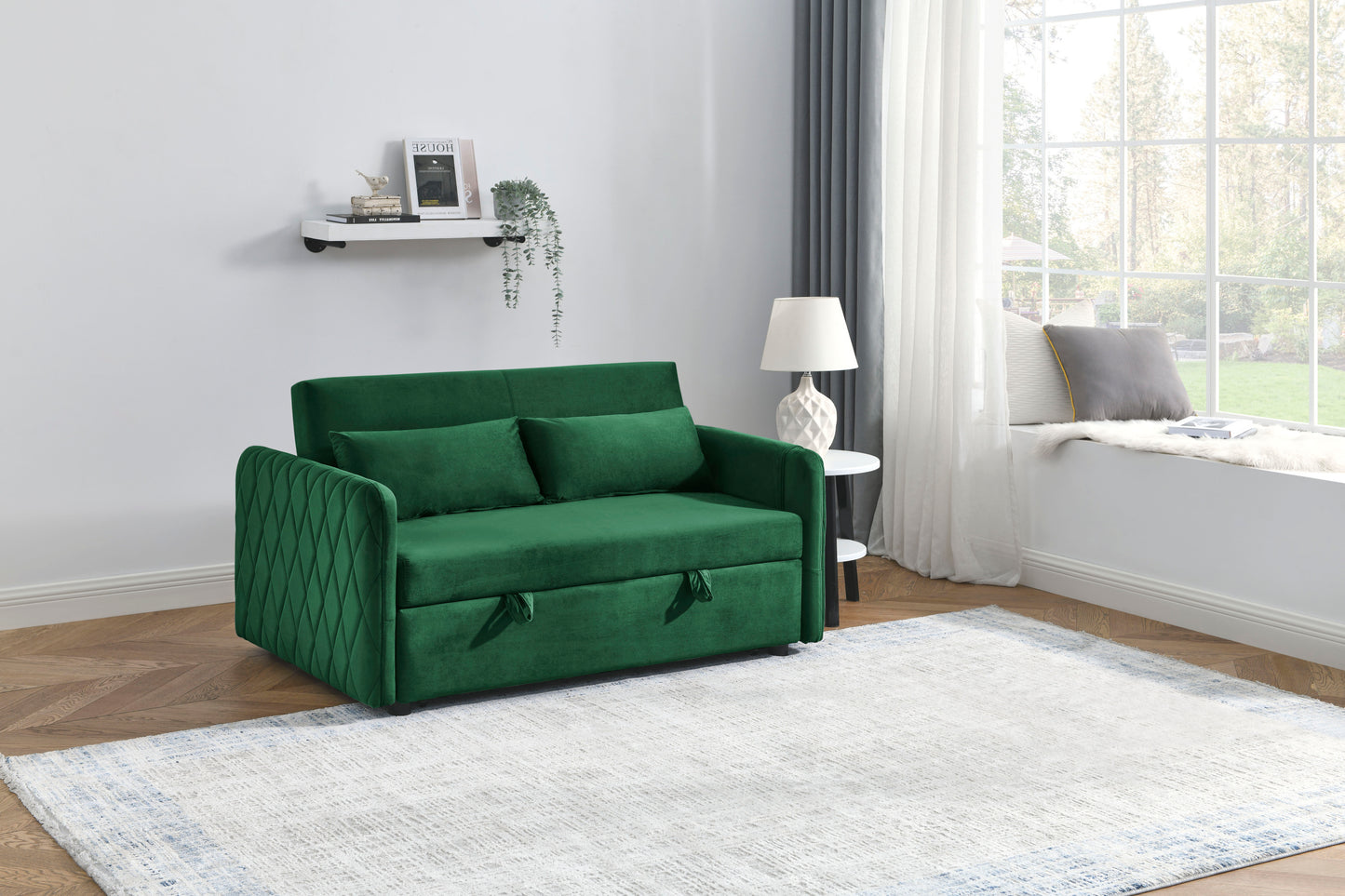 Modern 55 Velvet Convertible Sofa Bed with Adjustable Backrest and Arm Pockets