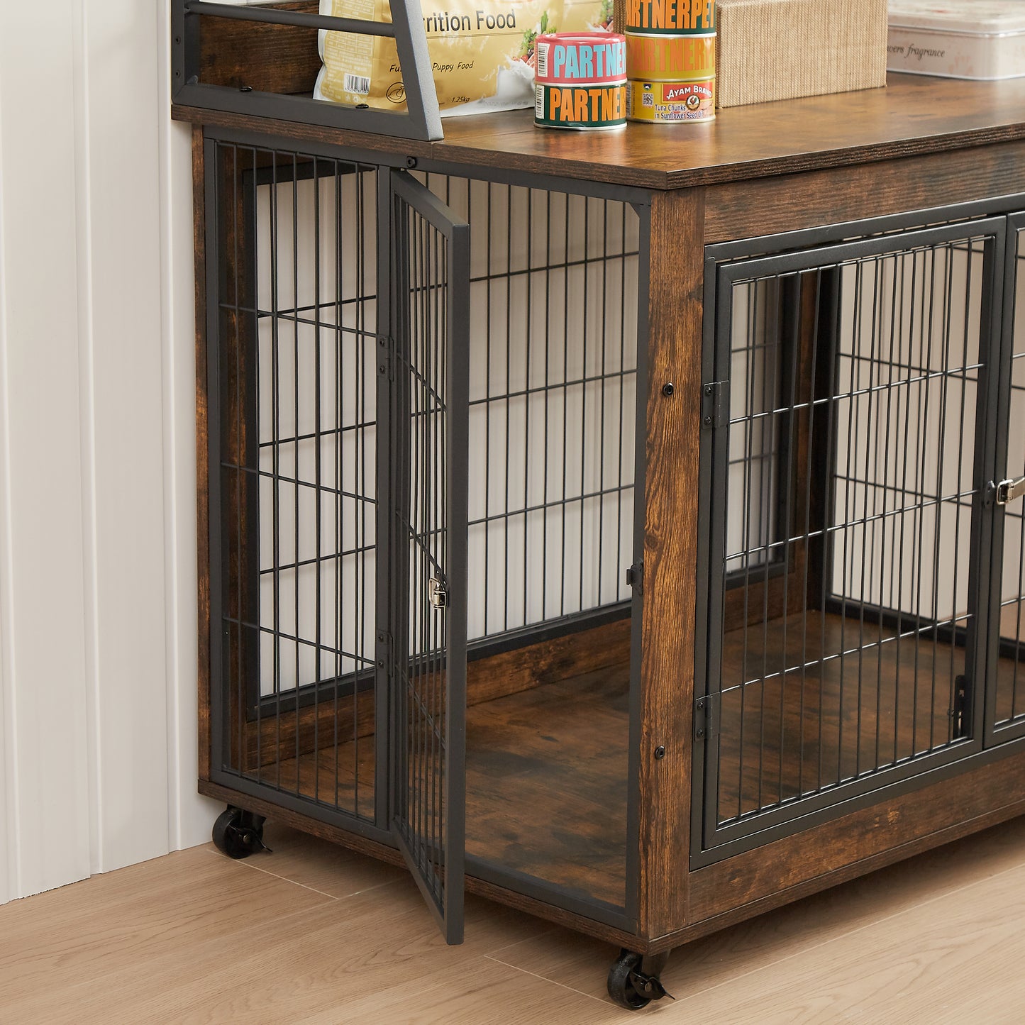 Furniture style dog crate side table with shelves, equipped with double doors and a raised roof. Rustic Brown, 38.58 ''w x 25.5 ''d x 57 ''h