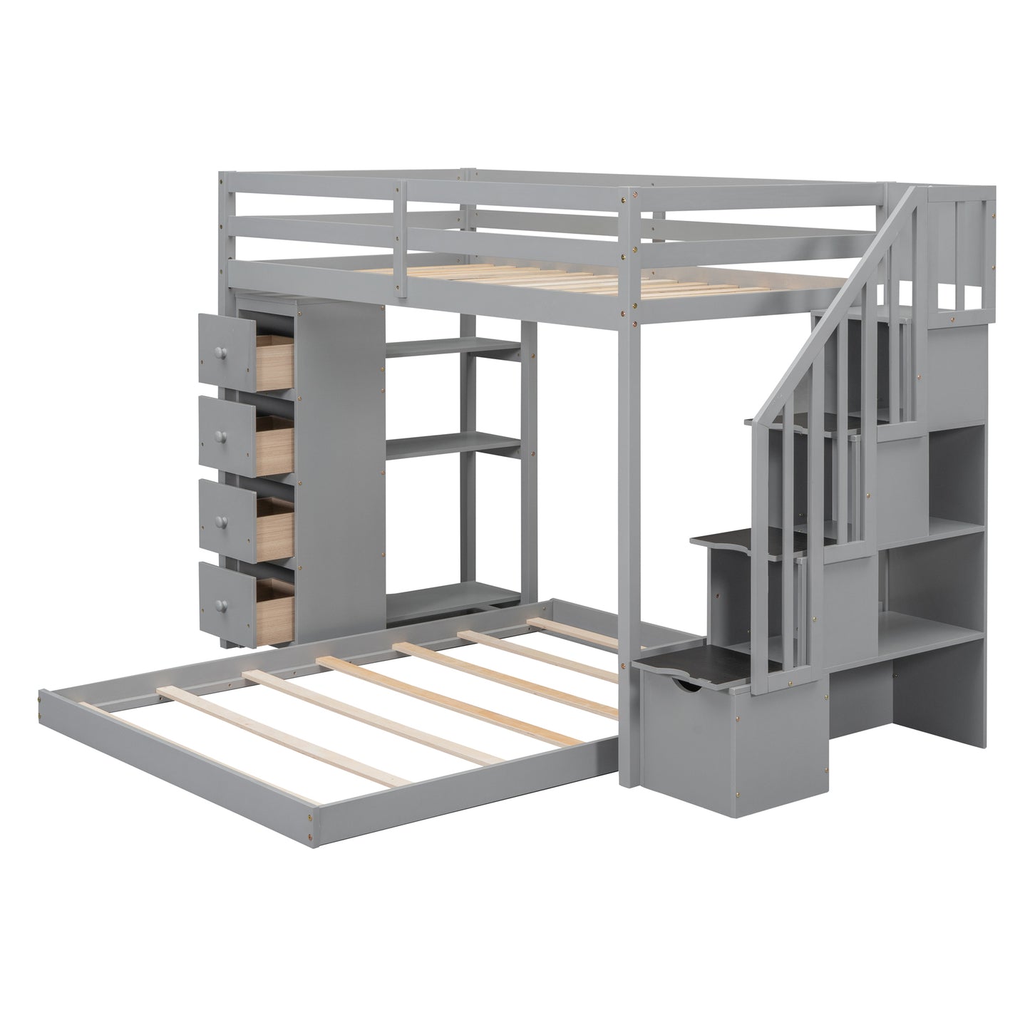 Space-Saving Gray Bunk Bed with Storage Stairs and Versatile Features