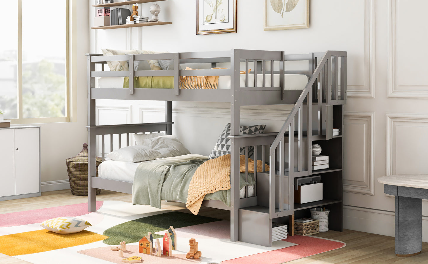 Gray Twin Bunk Bed with Staircase Storage and Guard Rail