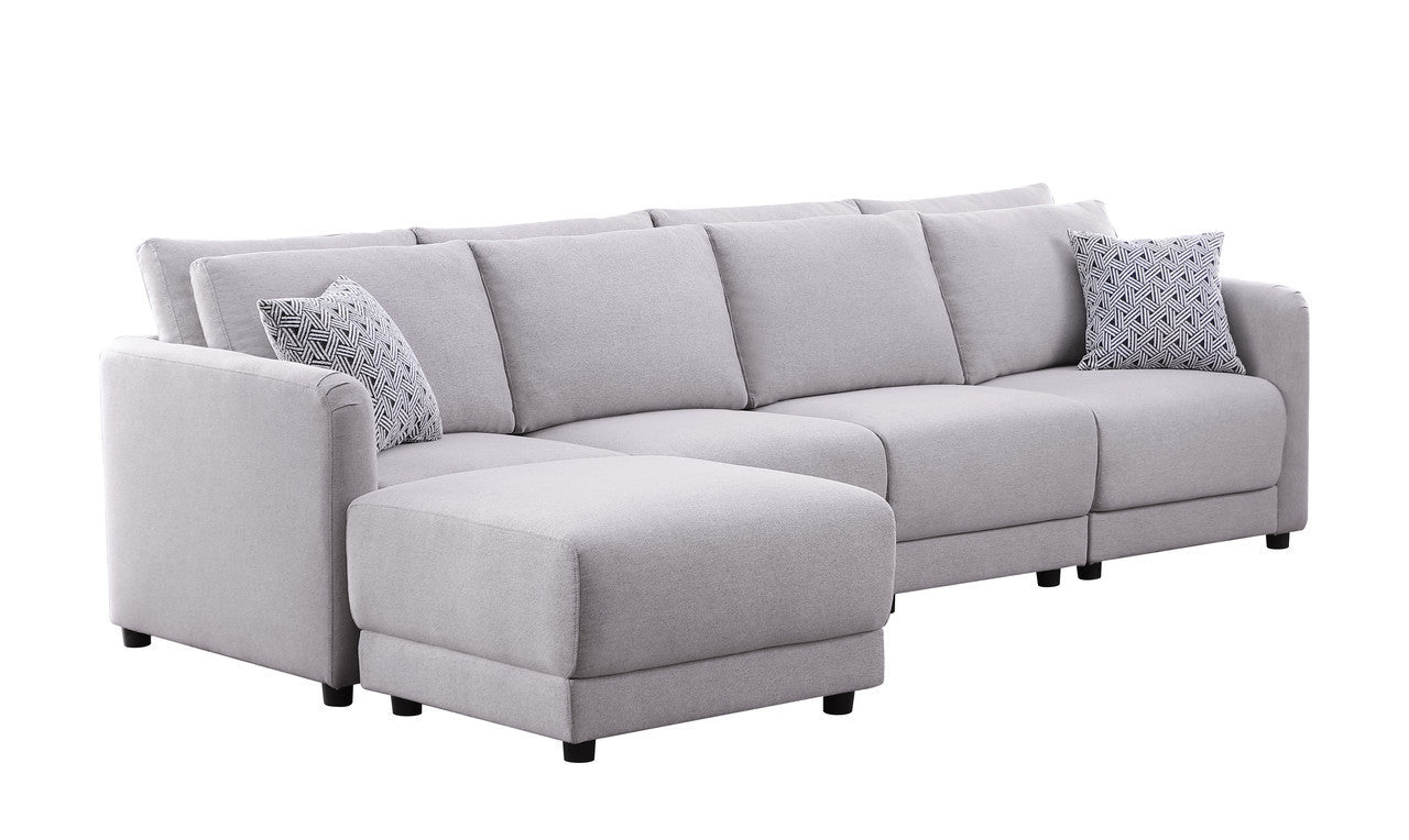 Penelope Light Gray Linen Fabric 4-Seater Sofa with Ottoman and Pillows