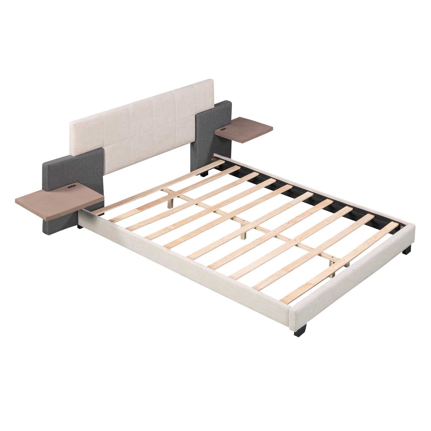 Queen Size Upholstered Platform Bed with Bedside Shelves and USB Charging Design, Beige+Gray