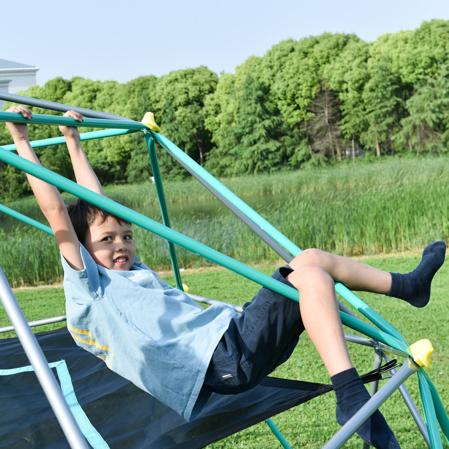 13ft Geometric Dome Climber Play Center with Hammock for Kids, Rust & UV Resistant Steel, Supporting 1000 LBS