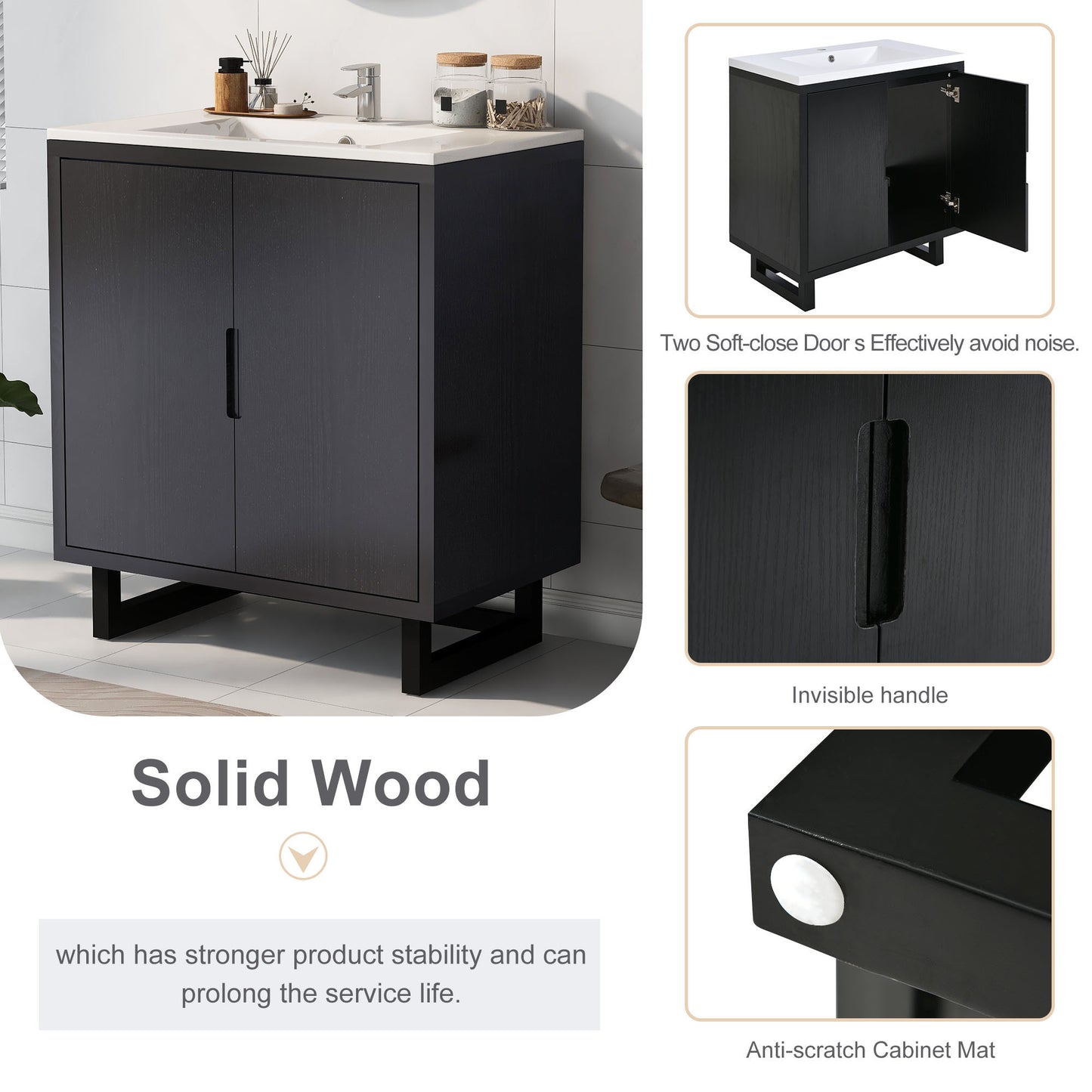 [Cabinet Only] 30" Bathroom vanity, black(Sink not included)