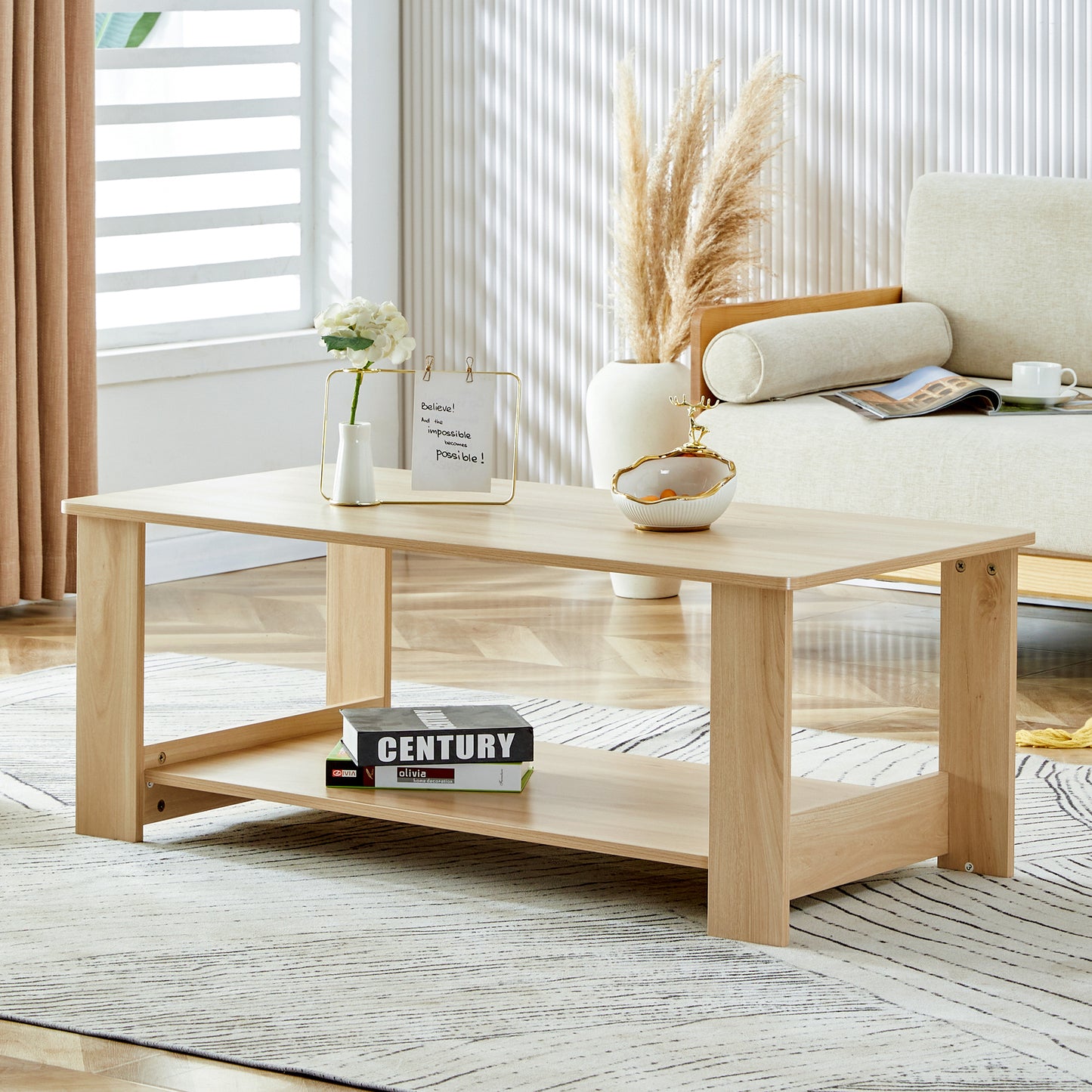 Modern Dual-Layer Log Textured Coffee Table with MDF Material