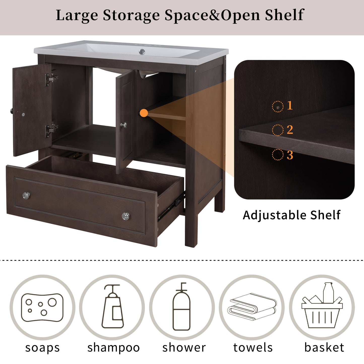 30" Bathroom Vanity with Sink, Bathroom Storage Cabinet with Doors and Drawers, Solid Wood Frame, Ceramic Sink, Brown