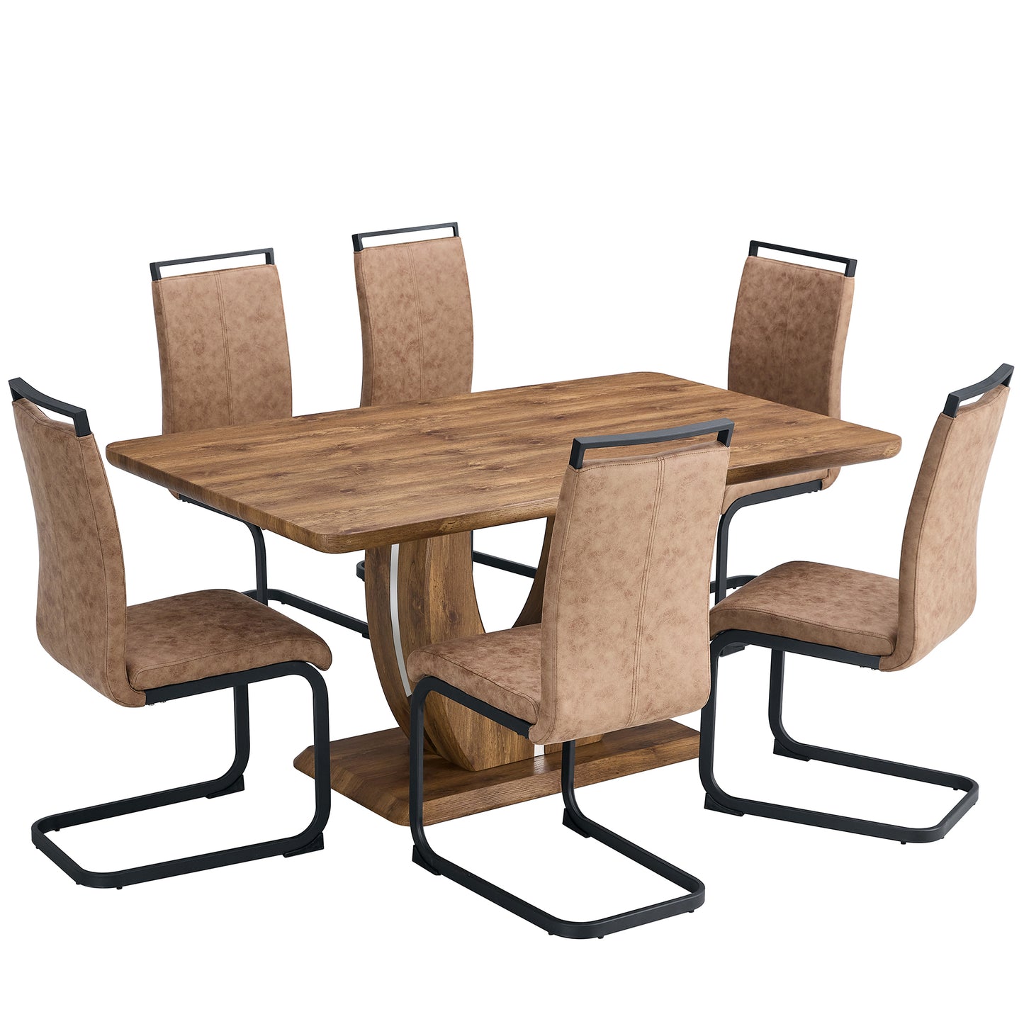 7 Piece Modern Dining Table Set, Rectangular Kitchen Table Set with Wooden Tabletop＆6 Pu Leather Upholstered Chairs Ideal for Dining Room, Kitchen