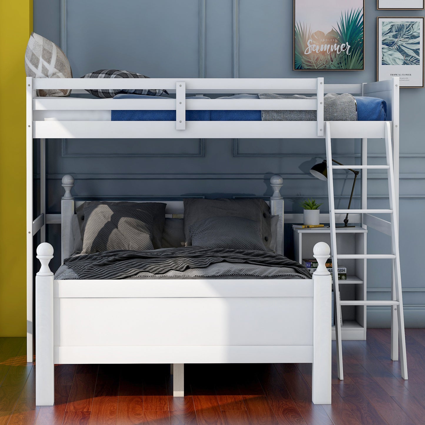 Twin over Full Loft Bed with Cabinet, White