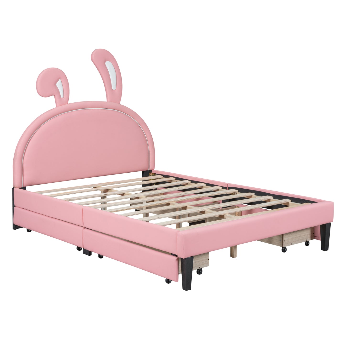 Full Size Upholstered Leather Platform Bed with Rabbit Ornament and 4 Drawers, Pink