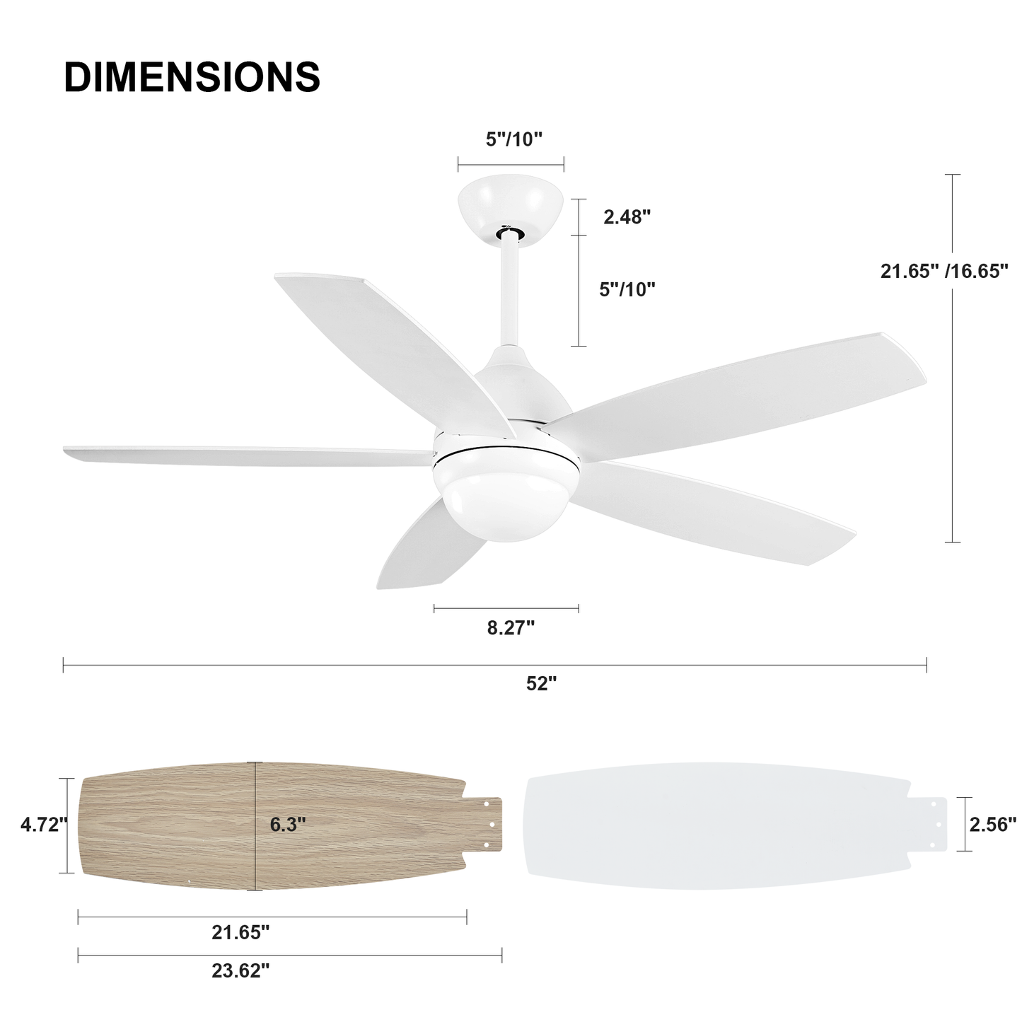 52 Inch Elegant White Ceiling Fan with Remote Control and Dimmable LED Lights