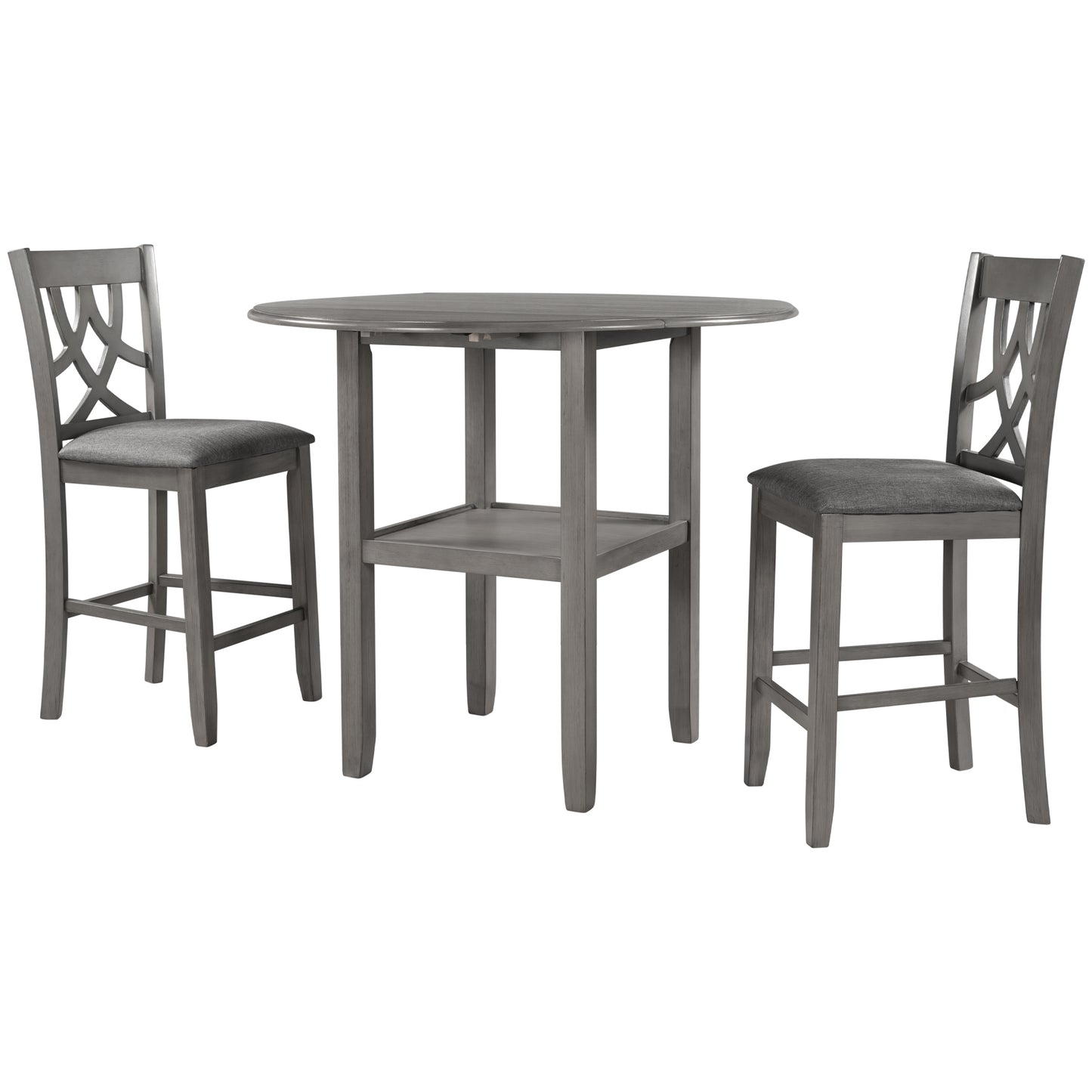 Farmhouse 3 Piece Round Counter Height Kitchen Dining Table Set with Drop Leaf Table, One Shelf and 2 Cross Back Padded Chairs for Small Places, Gray