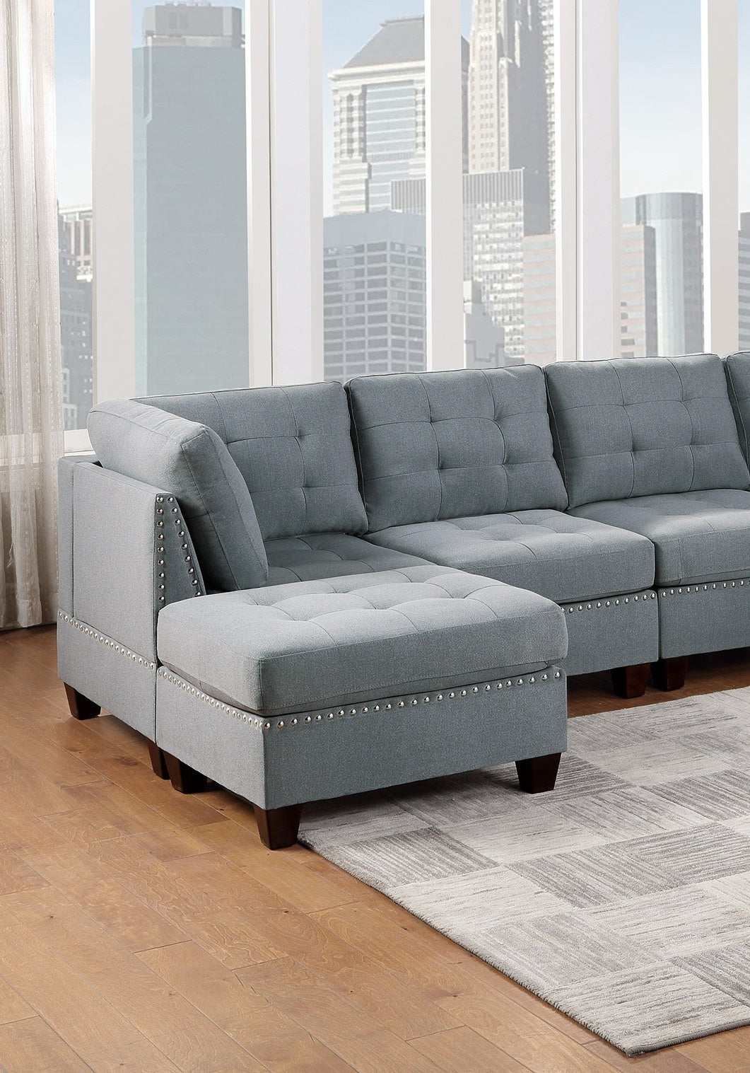 6-Piece Gray Modular Sectional Living Room Furniture Set with Tufted Nailhead Details