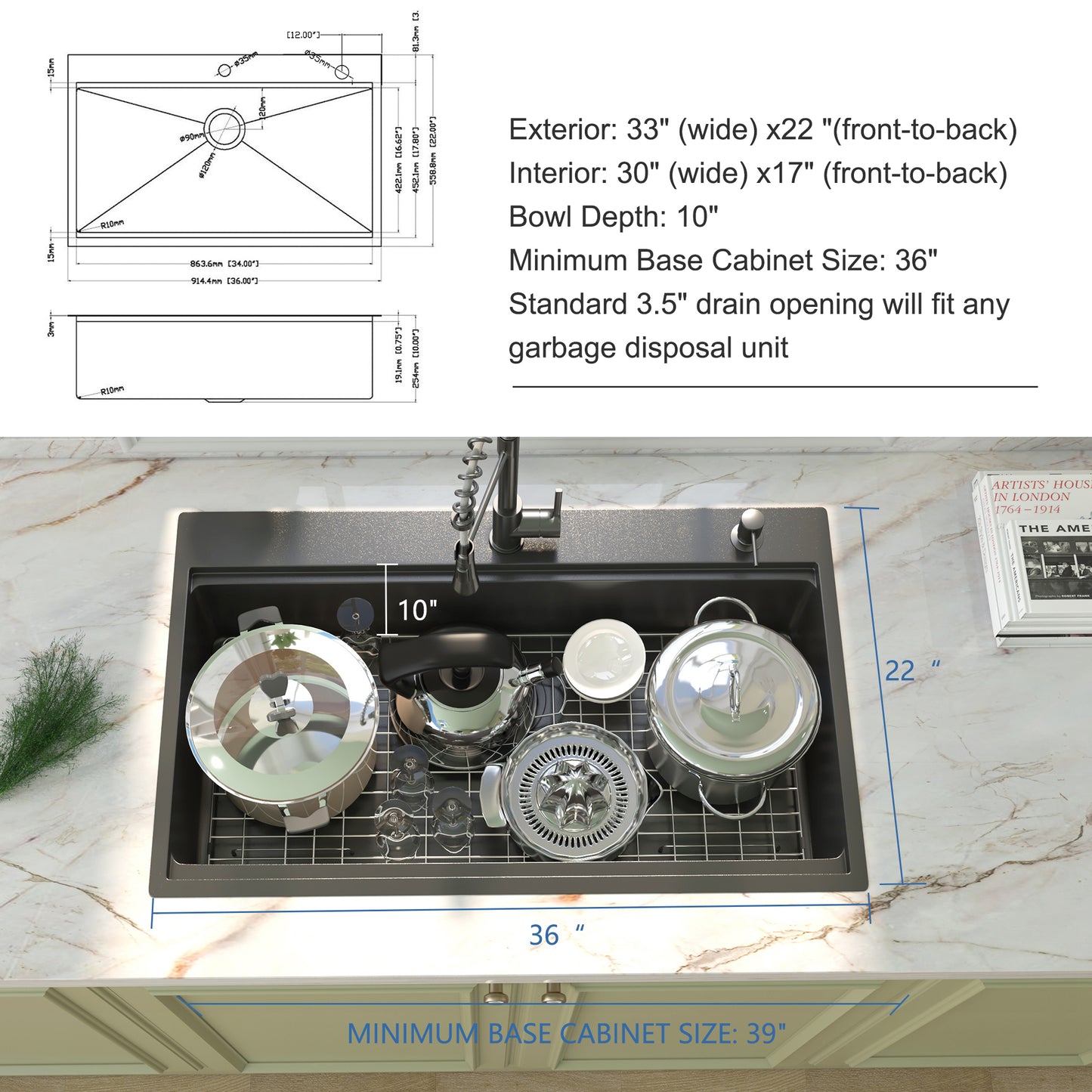 Gunmetal Black Topmount Workstation Kitchen Sink 36-Inch Stainless Steel 16 Gauge Single Bowl Drop-In Sink