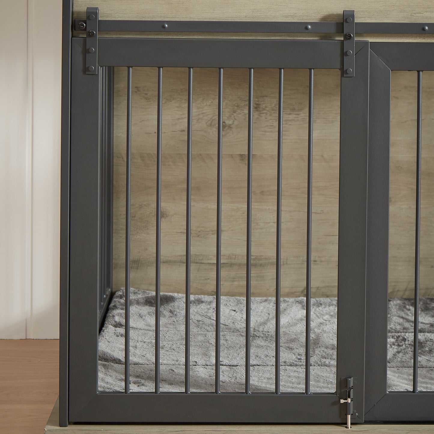 Furniture type dog cage iron frame door with cabinet, top can be opened and closed. Grey, 43.7'' W  x 29.9'' D  x 42.2'' H