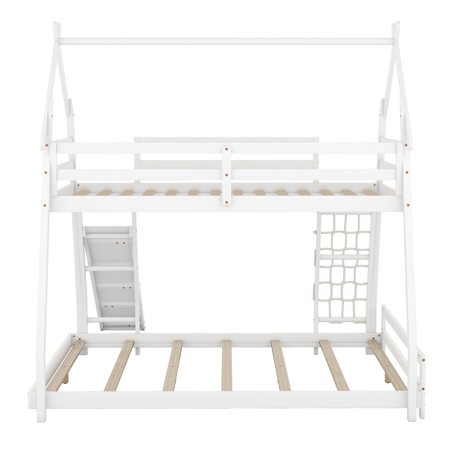 Twin and Queen Climbing House Bunk Bed with Nets and Ramp in White