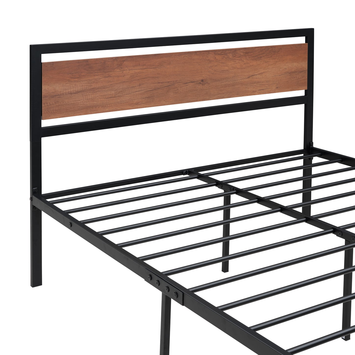 Full Size Platform Bed, Metal and Wood Bed Frame with Headboard and Footboard , Black