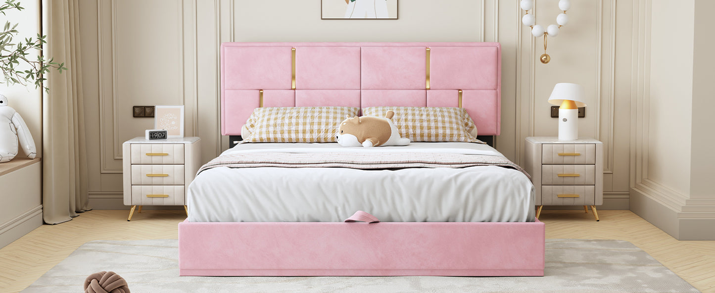 Queen Size Upholstered Platform Bed with Hydraulic Storage System,No Box Spring Needed,Pink