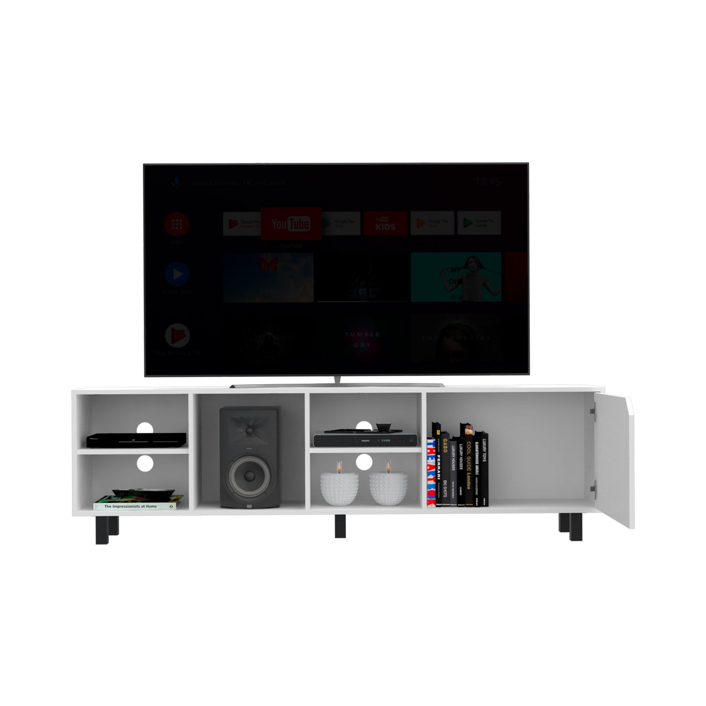 White Finish TV Stand with Four Open Shelves - 70 Inch Capacity