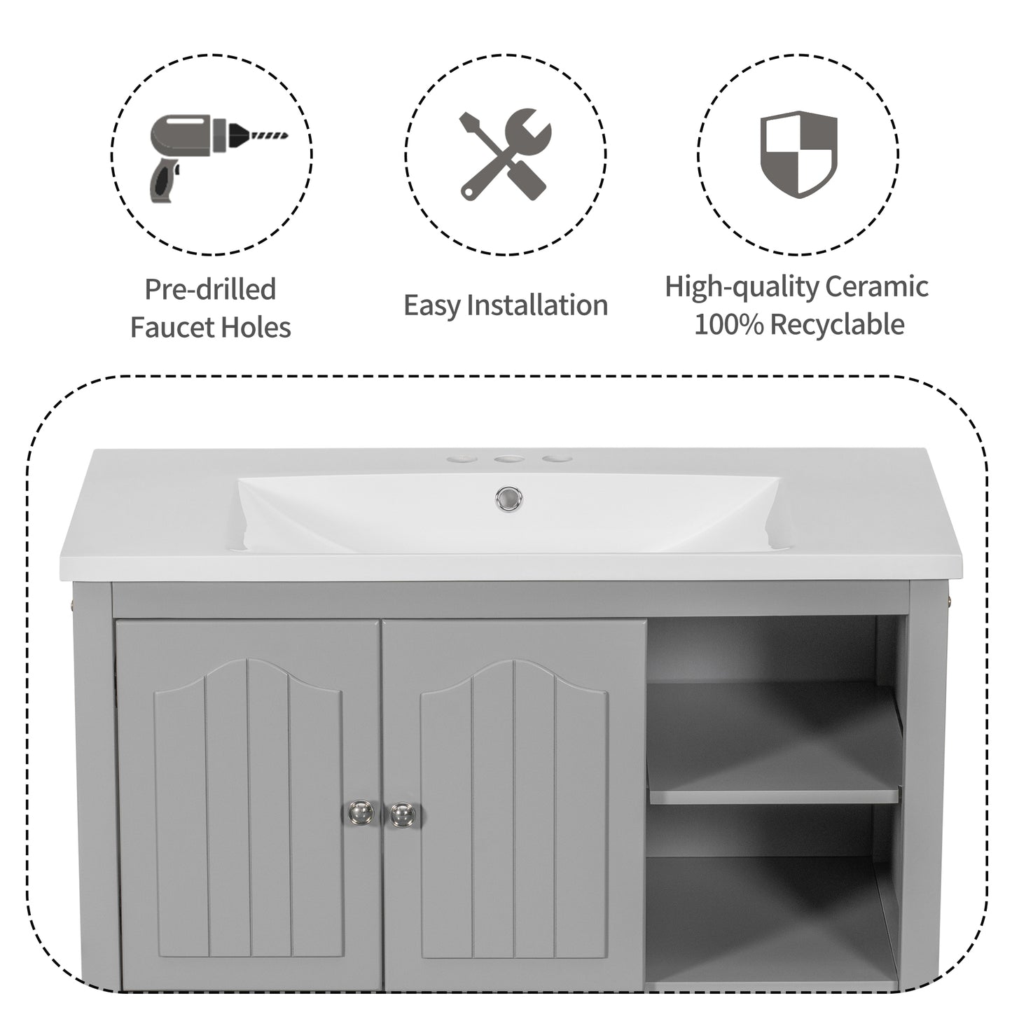 36" Bathroom Vanity with Ceramic Basin, Bathroom Storage Cabinet with Two Doors and Drawers, Solid Frame, Metal Handles, Grey