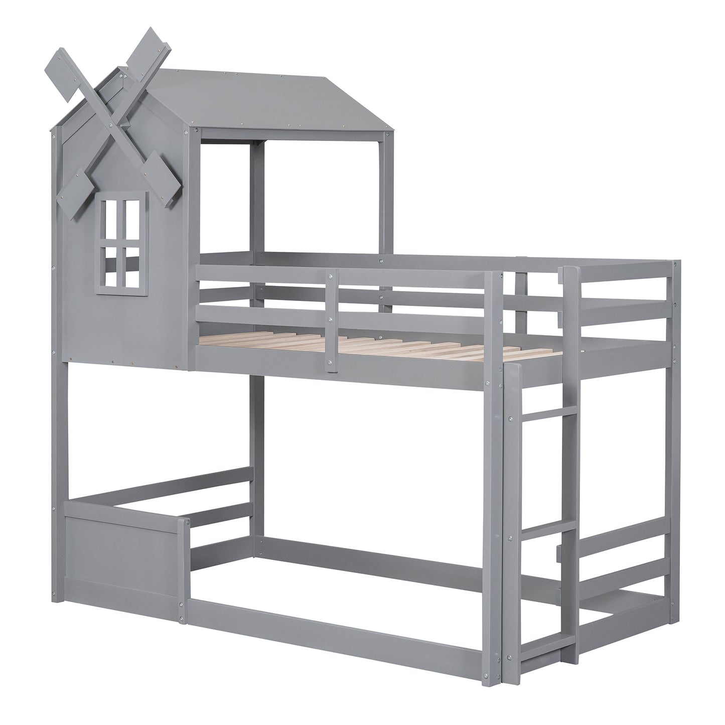 Gray Windmill Twin Bunk Bed with Roof and Window