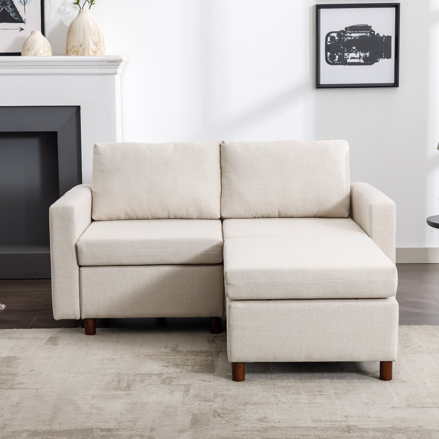 2-Seater Modular Sectional Sofa Couch with Ottoman, Cream Linen Upholstery