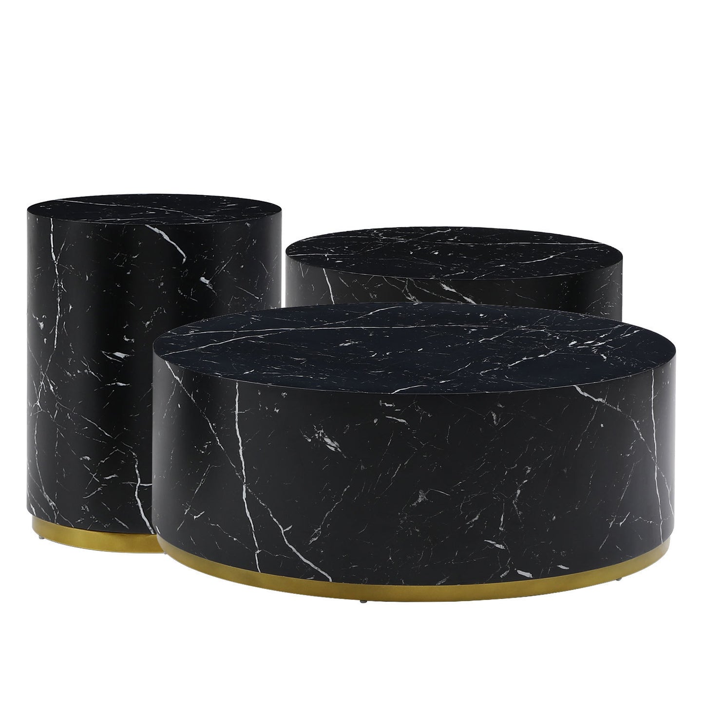 Contemporary Black Marble Pattern 3-Piece Round Coffee Table Set for Stylish Living Rooms