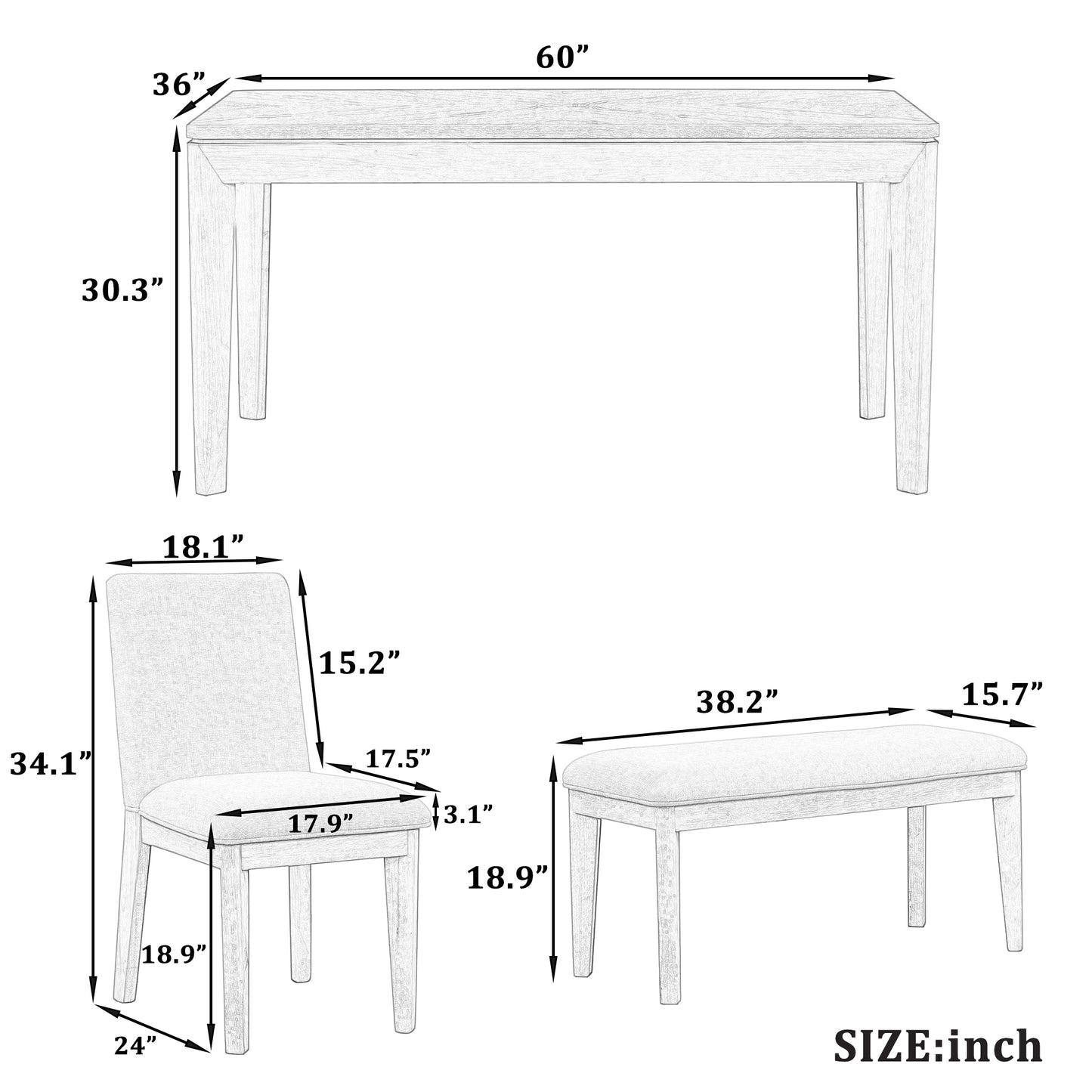 6-Piece Dining Table Set with Upholstered Dining Chairs and Bench,Farmhouse Style, Tapered Legs, Dark Gray+Beige