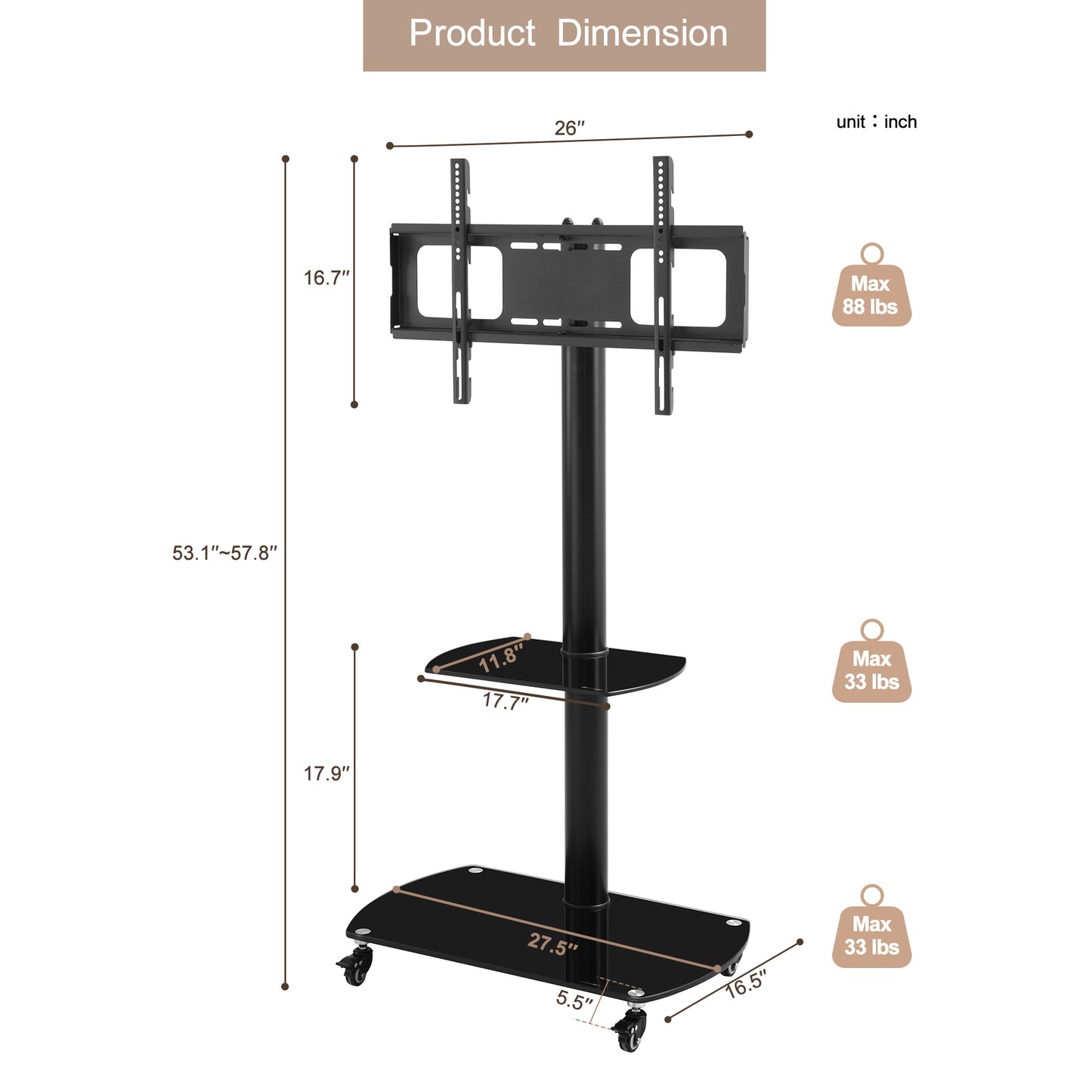 Adjustable Height and Swivel Mobile TV Stand with Tempered Glass Shelves