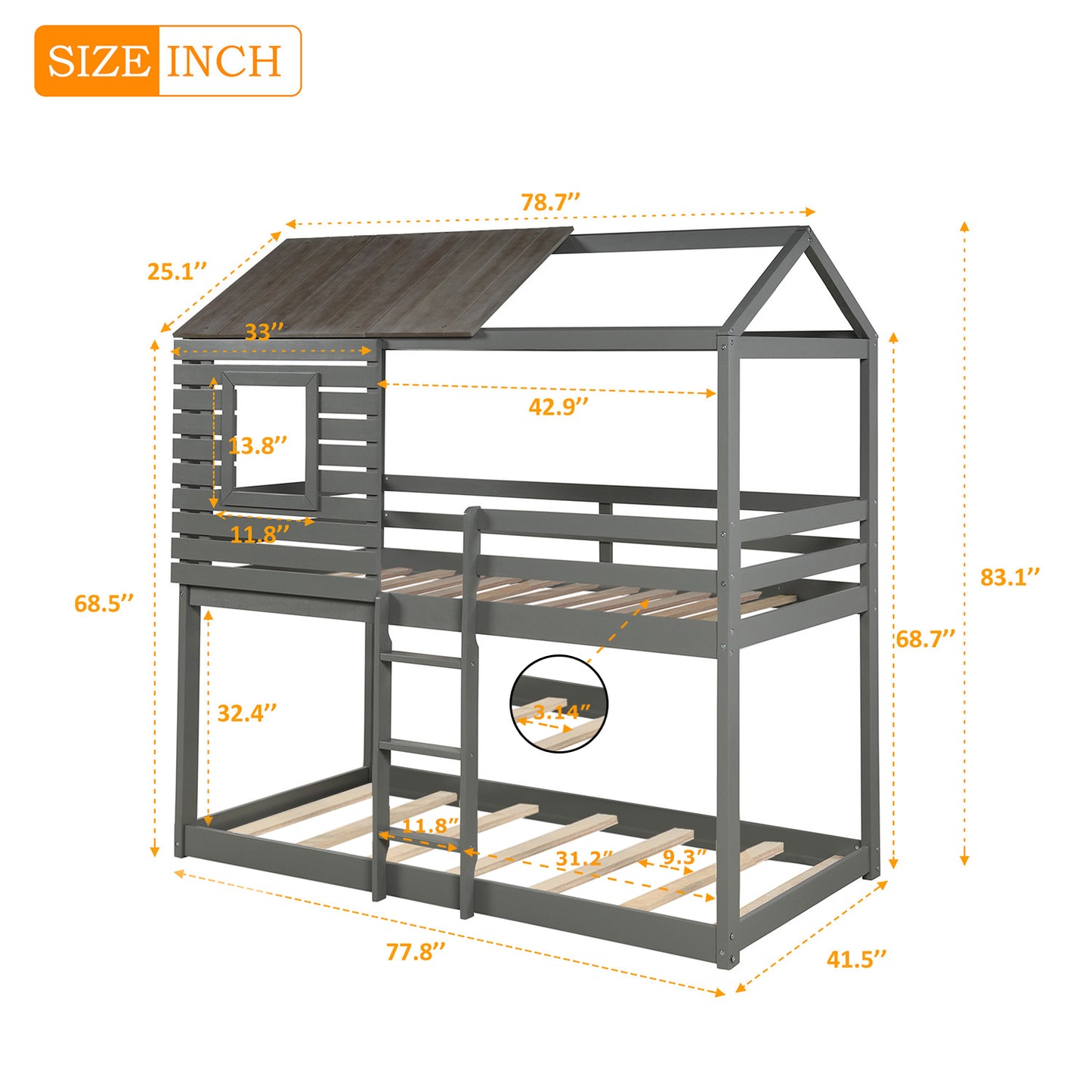 Gray Twin Over Twin Bunk Bed with Playhouse Roof and Window