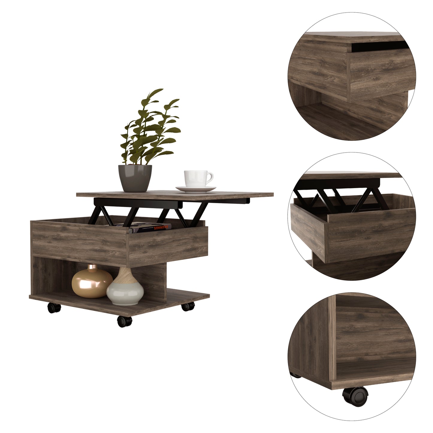 Elegant Dark Brown Coffee Table with Lift Top and Casters