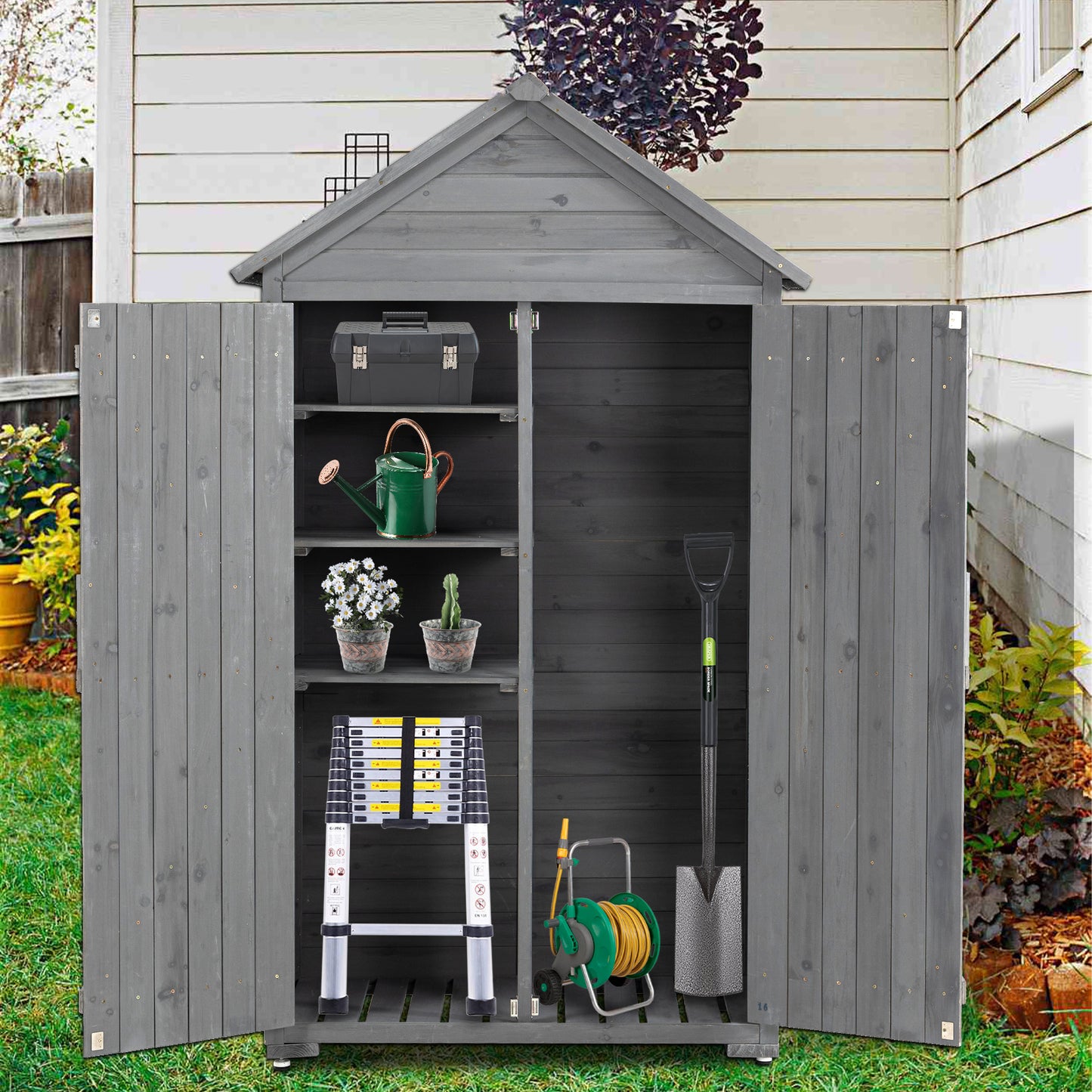 Outdoor Storage Cabinet, Garden Wood Tool Shed, Outside Wooden Shed Closet with Shelves and Latch for Yard 39.56"x 22.04"x 68.89"